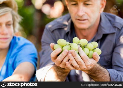 Father and son in vineyard. Father and son together in vineyard