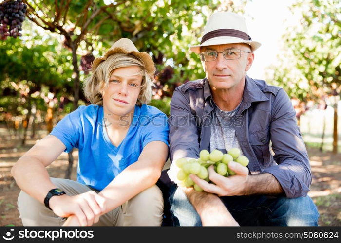 Father and son in vineyard. Father and son together in vineyard