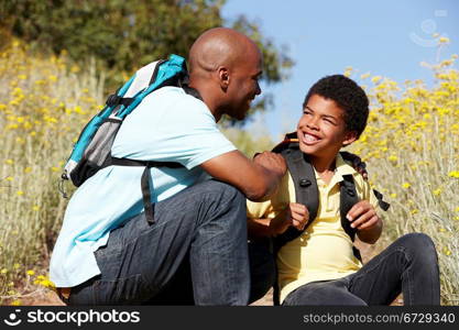 Father and son on country hike