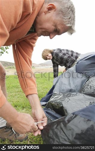 Father and son pitch a tent