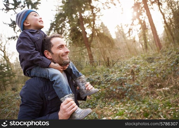 Father Carrying Son On Shoulders During Countryside Walk