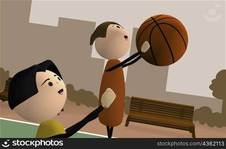 Father teaching his son basketball