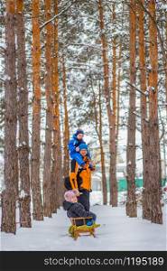 Father walks with his young children in the woods in winter. Winter activities in the snow, sleds and snowballs. Father walks with his young children in the woods in winter.