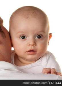 father with a small baby on her shoulder. infant portrait