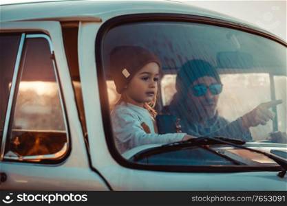 Father with his Little Baby Boy in the Car. Enjoying Road Trip Adventures. Active People. With Pleasure Spending Time Together. Happy Family Life.