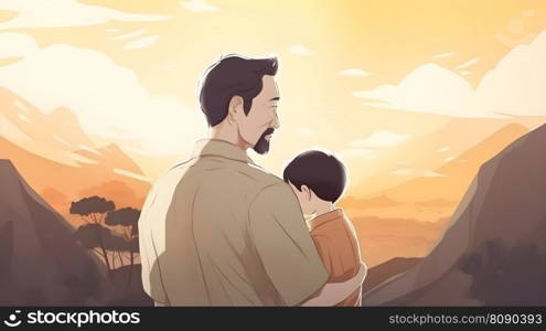 Fathers Day greeting card anime style illustration with father and his child. AI Generated content