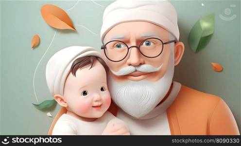 Fathers Day greeting card illustration with middle aged muslim father and his small child. AI Generated content