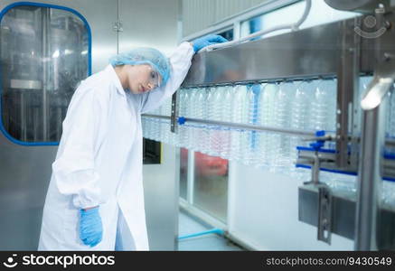 Fatigue female scientist working in a lab checking drinking water quality