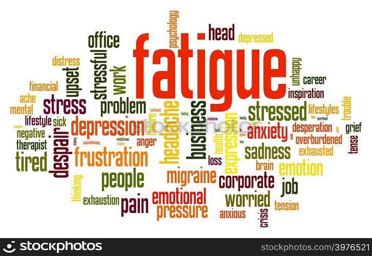 Fatigue word cloud on white background, 3D rendering