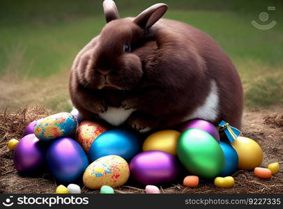 Fatn Easter bunny on a pile of colourful easter eggs illustration. AI generative.