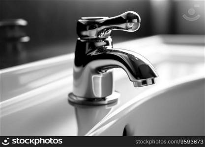 Faucet in modern bathroom, closeup. Black and white