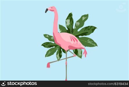 fauna and birds concept - pink flamingo over blue background with green leaves. pink flamingo bird over blue background