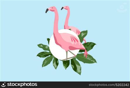 fauna and birds concept - pink flamingos over blue background with green leaves. pink flamingo bird over blue background