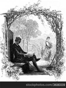 Faust and Marguerite, vintage engraved illustration. From Chemin des Ecoliers, 1861.