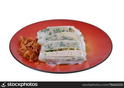 favorite Vietnamese food , Vietnamese rice noodle rolls with a filling of pork sliced , vietnamese sausage and vegetable served with fried onion