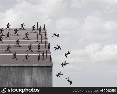 Fear of failure and limited opportunity or business career or job obstacles as a businesswoman and businessman running and stopping at a cliff with people falling in a 3D illustration style.