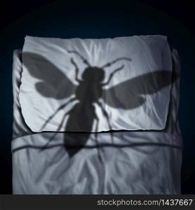 Fear of insects psychology concept as an insect phobia or entomophobia as a giant hornet cast shadow on a pillow and bed as an anxiety metaphor for being fearful of bugs in a 3D illustration style.
