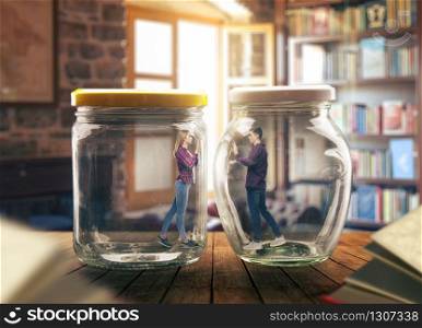 Fear of loneliness concept, young couple in big glass jars. Broken family. Depression of alone people. Young couple in big glass jars, loneliness concept
