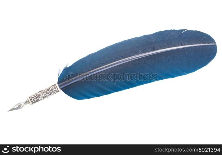 feather pen . blue feather pen isolated on white background
