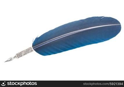 feather pen . blue feather pen isolated on white background