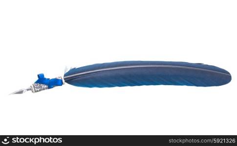 feather pen . one blue feather pen isolated on white background