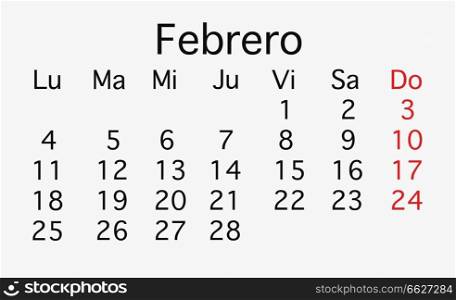 February 2019 planing Calendar. Vector in black and red colors