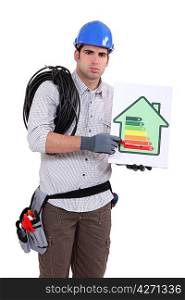 Fed-up tradesman pointing to an energy efficiency rating of G