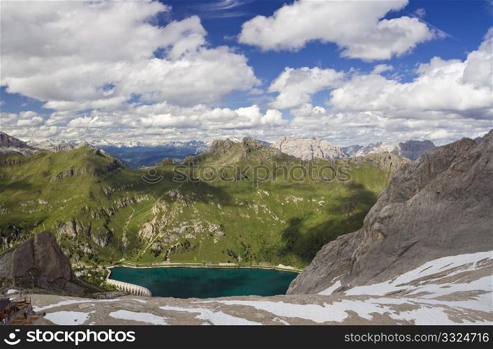 Fedaia lake from Marmolada glacier, Italy