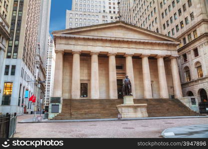 Federal Hall National Memorial on Wall Street in New York in the morning