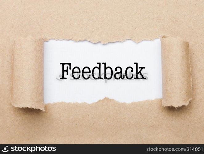 Feedback concept text appearing behind torn brown paper envelope