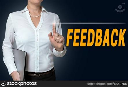feedback touchscreen is operated by businesswoman. feedback touchscreen is operated by businesswoman.