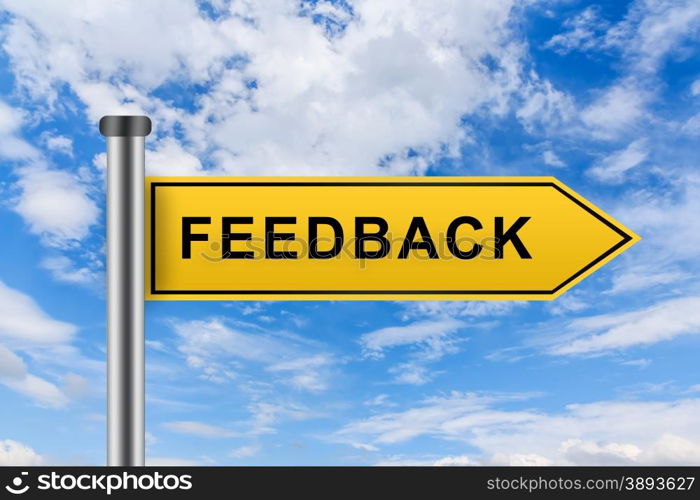 feedback words on yellow road sign on blue sky