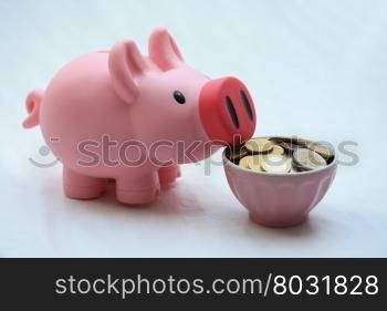 Feeding a piggy bank with euro coins