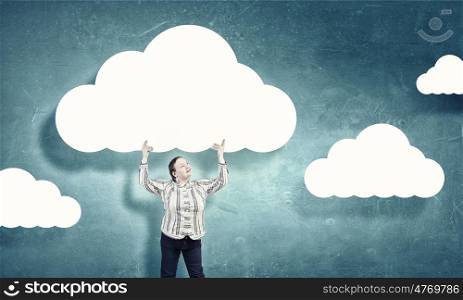 Feeling of lightness. Stout woman of middle age with blank white cloud banner