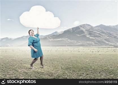 Feeling of lightness. Stout woman of middle age with blank white cloud banner