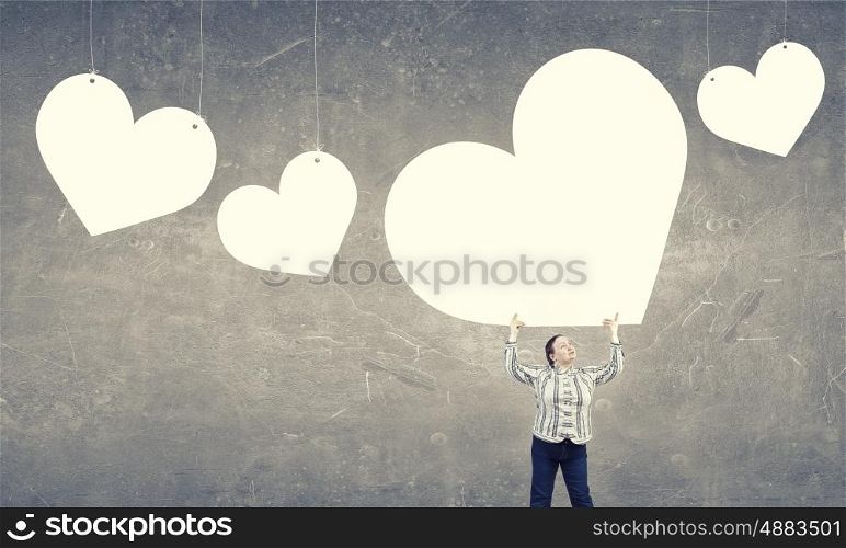 Feeling of lightness. Stout woman of middle age with blank white love banner