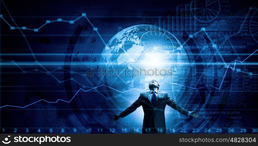 Feeling power and success. Businessman with hands spread apart and digital planet concept