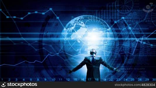 Feeling power and success. Businessman with hands spread apart and digital planet concept