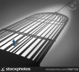 Feeling trapped in a prison concept as a person standing inside the cast shadow of a giant bird cage as a metaphor for business career frustration or human repression metaphor.