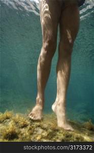 Feet and legs of young Asian nude woman standing underwater.