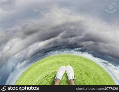 Feet in sneakers. Top view of female feet in white sneakers standing on grass