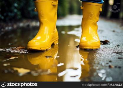 Feet in yellow rubber boots walk through a puddle in rainy weather in the park. Feet in rubber boots walk through a puddle in rainy weather