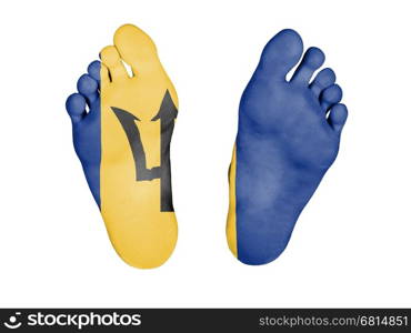 Feet with flag, sleeping or death concept, flag of Barbados