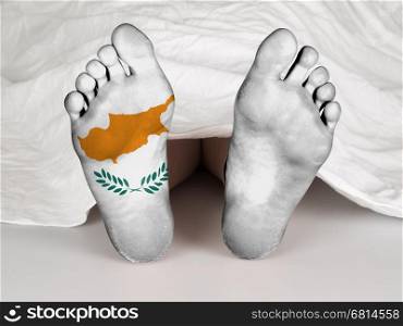 Feet with flag, sleeping or death concept, flag of Cyprus