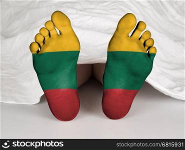 Feet with flag, sleeping or death concept, flag of Lithuania