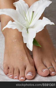 feet with madonna lily in spa (focus on flower)