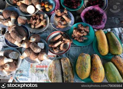 fegetable and papaya at the market in the city of Bandar seri Begawan in the country of Brunei Darussalam on Borneo in Southeastasia.. ASIA BRUNEI DARUSSALAM