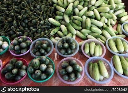 fegetable at the market in the city of Amnat Charoen in the Region of Isan in Northeast Thailand in Thailand.&#xA;