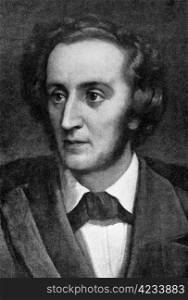 "Felix Mendelssohn (1809-1847) on engraving from 1908. German composer, pianist, organist and conductor of the early Romantic period. Engraved by unknown artist and published in "The world&rsquo;s best music, famous songs. Volume 6", by The University Society, New York,1908."