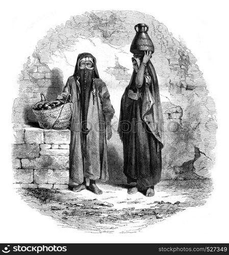 Fellah women, vintage engraved illustration. Magasin Pittoresque 1847.